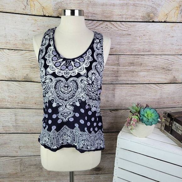 Lucy & Laurel Women's Sleeveless Strappy Back Swirl Tank Top Blue White Sz Small - Picture 1 of 7